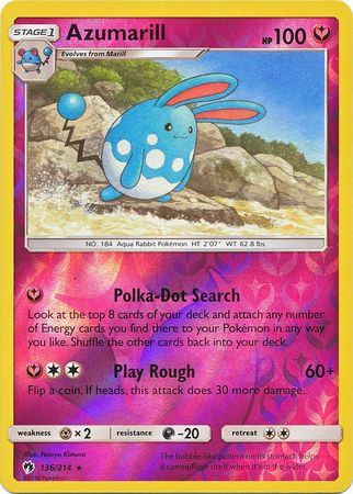 Azumarill 136/214 Reverse Holo Rare - Pokemon Card - SM - Lost Thunder