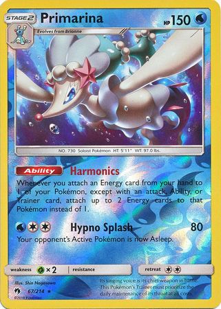 Primarina 67/214 Reverse Holo Rare - Pokemon Card - SM - Lost Thunder